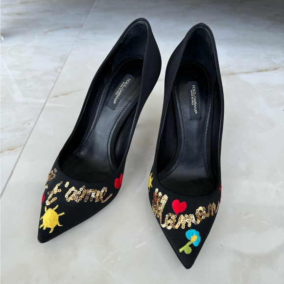 Pristine RARE Dolce & Gabbana Je Taime Maman Sequined Embroidered Pumps Sz 37 - Picture 2 of 13